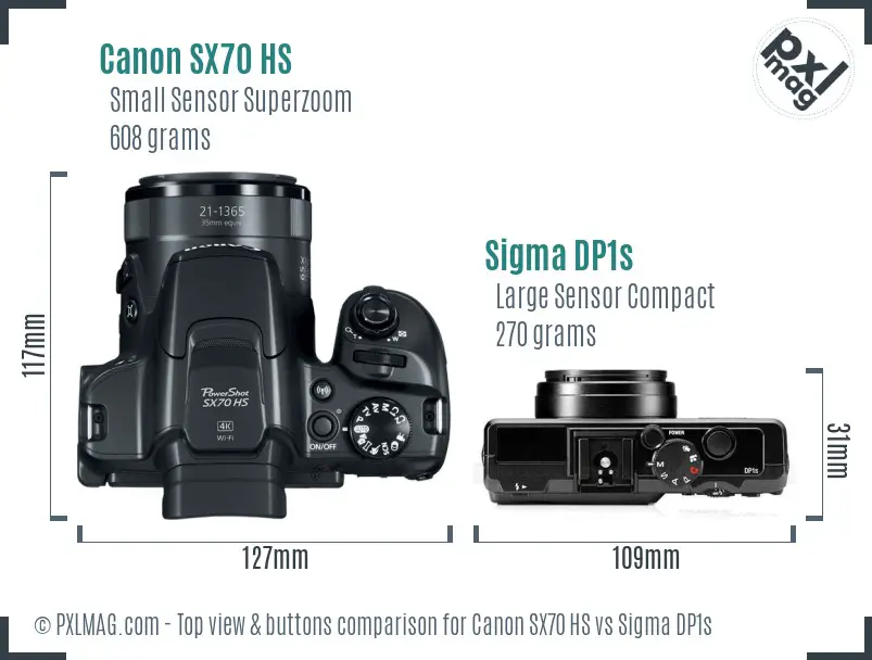 Canon SX70 HS vs Sigma DP1s top view buttons comparison Canon SX70 HS vs Sigma DP1s top view buttons comparison