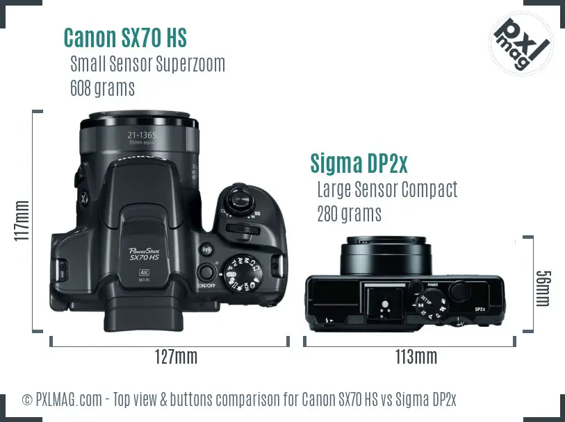 Canon SX70 HS vs Sigma DP2x top view buttons comparison Canon SX70 HS vs Sigma DP2x top view buttons comparison
