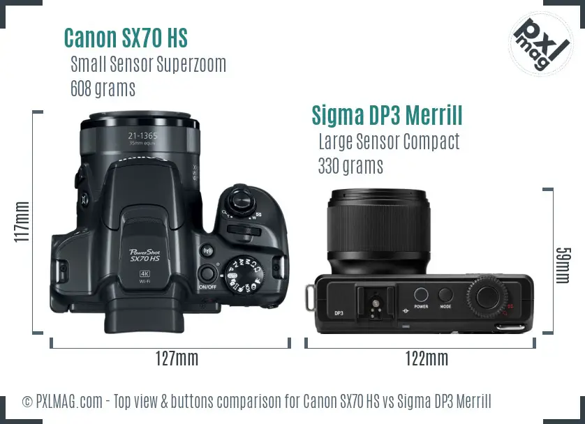 Canon SX70 HS vs Sigma DP3 Merrill top view buttons comparison Canon SX70 HS vs Sigma DP3 Merrill top view buttons comparison