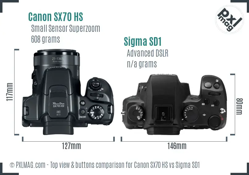Canon SX70 HS vs Sigma SD1 top view buttons comparison Canon SX70 HS vs Sigma SD1 top view buttons comparison