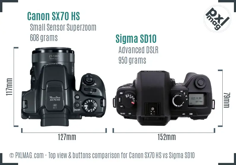 Canon SX70 HS vs Sigma SD10 top view buttons comparison