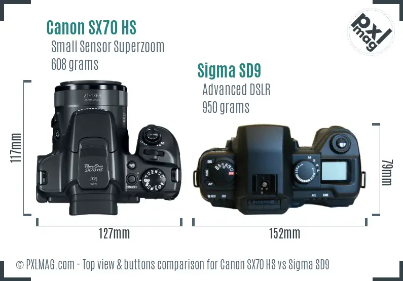 Canon SX70 HS vs Sigma SD9 top view buttons comparison