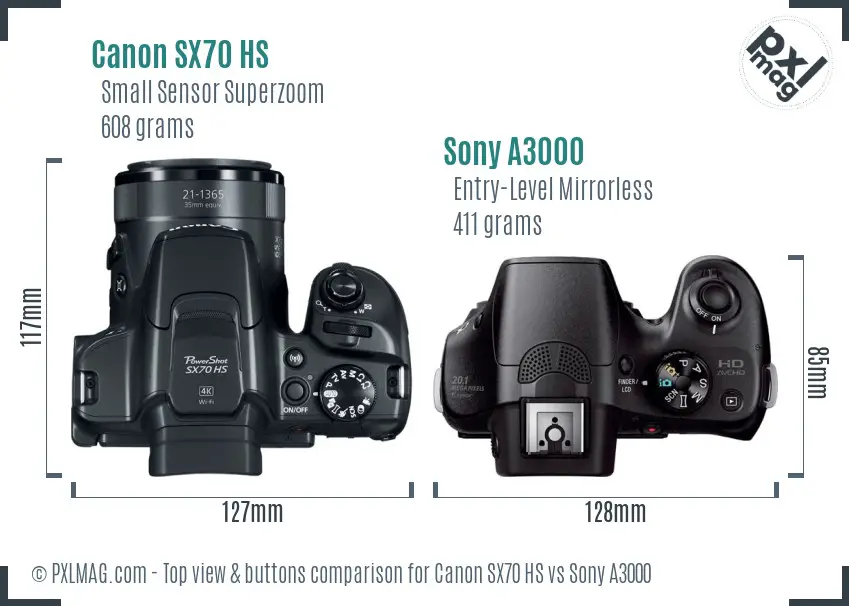 Canon SX70 HS vs Sony A3000 top view buttons comparison Canon SX70 HS vs Sony A3000 top view buttons comparison