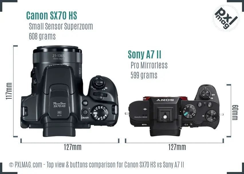 Canon SX70 HS vs Sony A7 II top view buttons comparison