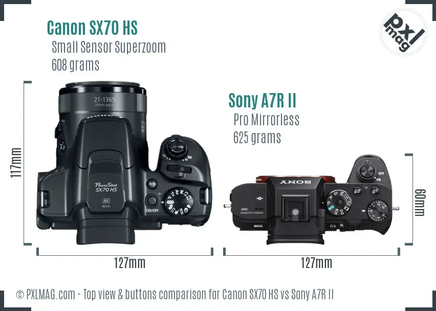 Canon SX70 HS vs Sony A7R II top view buttons comparison