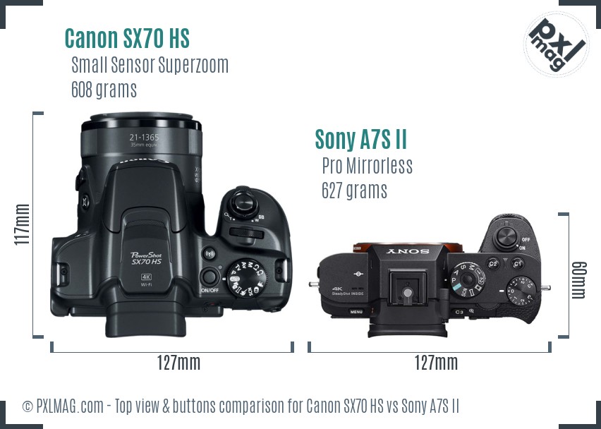 Canon SX70 HS vs Sony A7S II top view buttons comparison