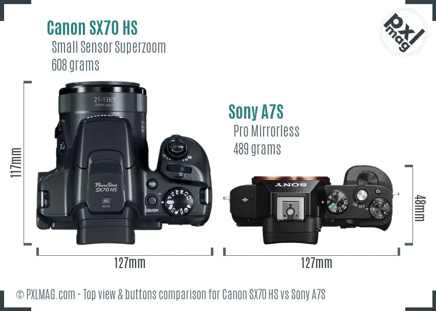 Canon SX70 HS vs Sony A7S top view buttons comparison Canon SX70 HS vs Sony A7S top view buttons comparison