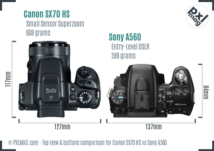 Canon SX70 HS vs Sony A560 top view buttons comparison