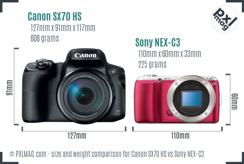 Canon SX70 HS vs Sony NEX-C3 size comparison