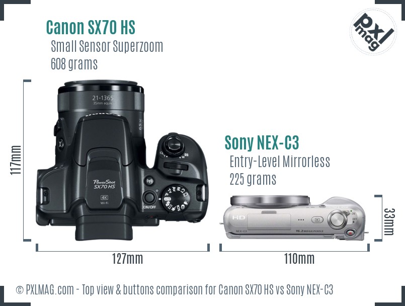 Canon SX70 HS vs Sony NEX-C3 top view buttons comparison