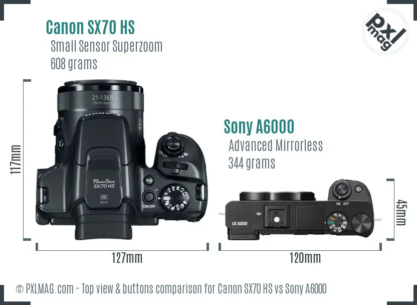 Canon SX70 HS vs Sony A6000 top view buttons comparison