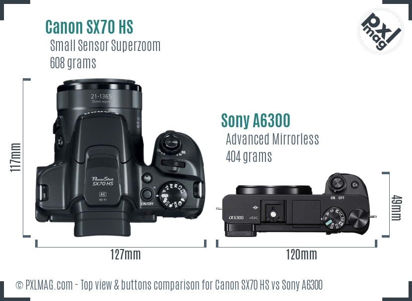 Canon SX70 HS vs Sony A6300 top view buttons comparison