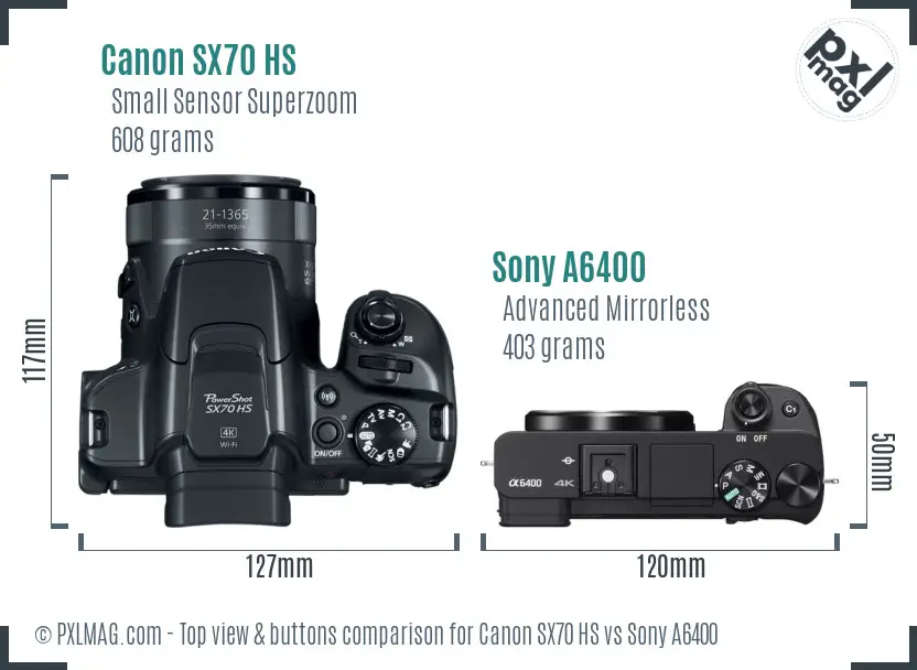 Canon SX70 HS vs Sony A6400 top view buttons comparison