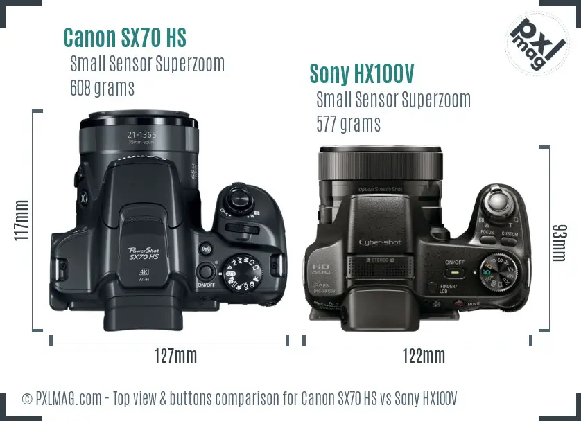 Canon SX70 HS vs Sony HX100V top view buttons comparison