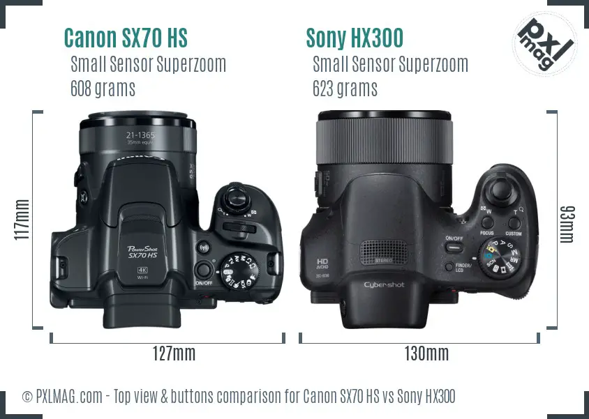 Canon SX70 HS vs Sony HX300 top view buttons comparison