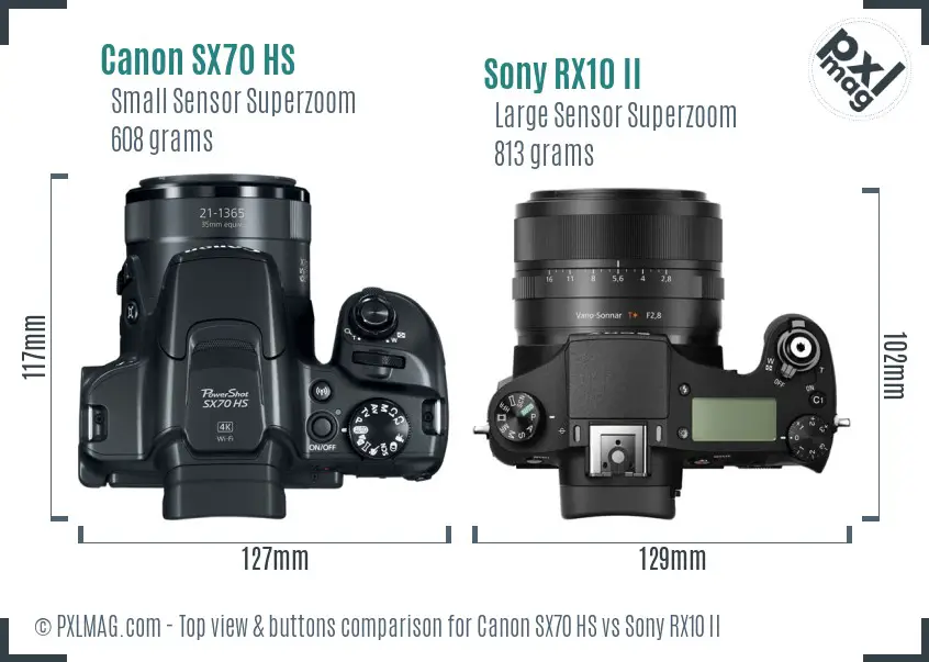 Canon SX70 HS vs Sony RX10 II top view buttons comparison