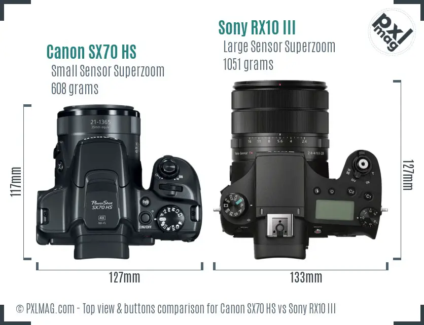 Canon SX70 HS vs Sony RX10 III top view buttons comparison