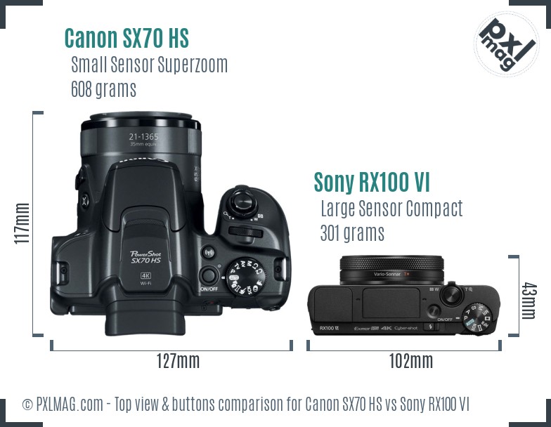 Canon SX70 HS vs Sony RX100 VI top view buttons comparison