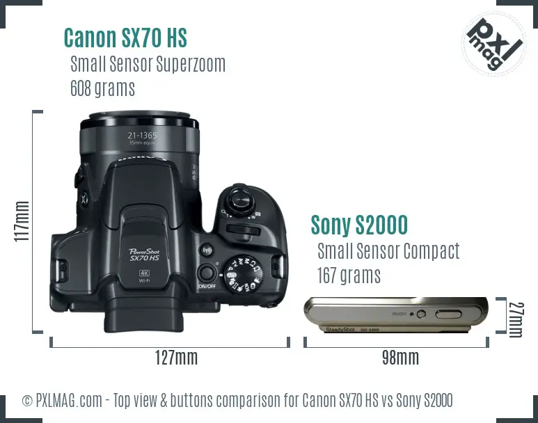 Canon SX70 HS vs Sony S2000 top view buttons comparison Canon SX70 HS vs Sony S2000 top view buttons comparison