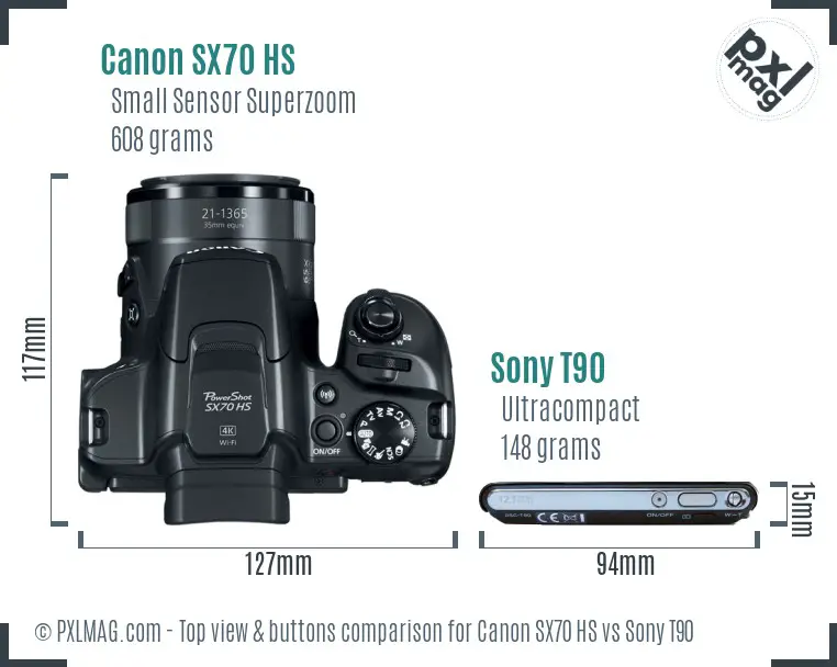 Canon SX70 HS vs Sony T90 top view buttons comparison
