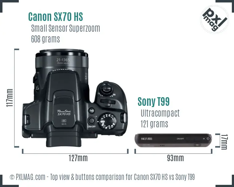 Canon SX70 HS vs Sony T99 top view buttons comparison Canon SX70 HS vs Sony T99 top view buttons comparison