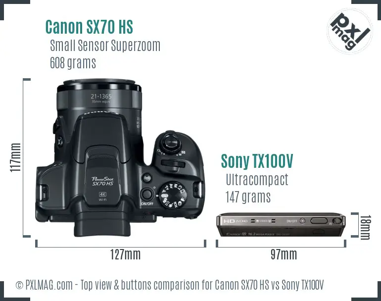 Canon SX70 HS vs Sony TX100V top view buttons comparison Canon SX70 HS vs Sony TX100V top view buttons comparison