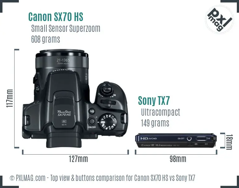 Canon SX70 HS vs Sony TX7 top view buttons comparison Canon SX70 HS vs Sony TX7 top view buttons comparison