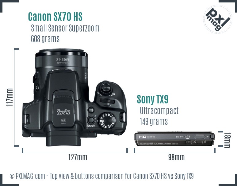 Canon SX70 HS vs Sony TX9 top view buttons comparison