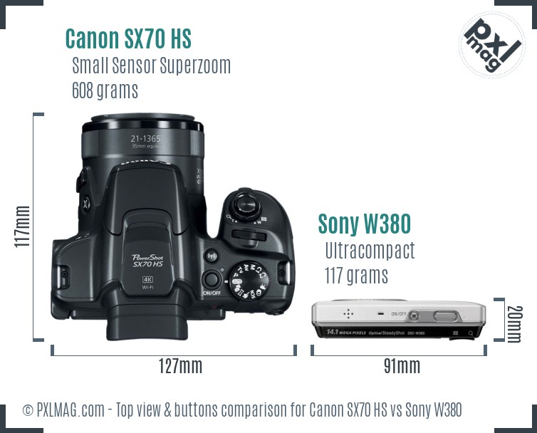 Canon SX70 HS vs Sony W380 top view buttons comparison
