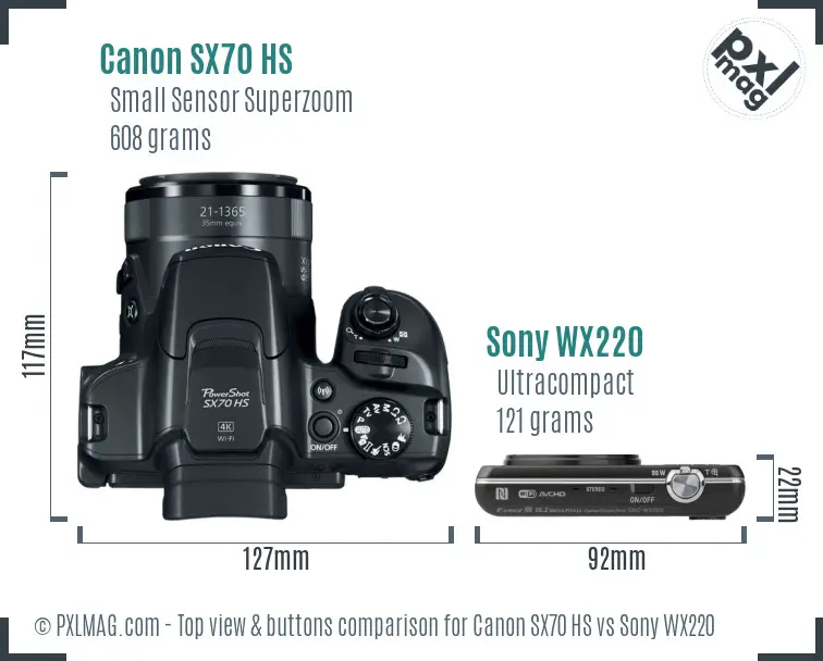 Canon SX70 HS vs Sony WX220 top view buttons comparison