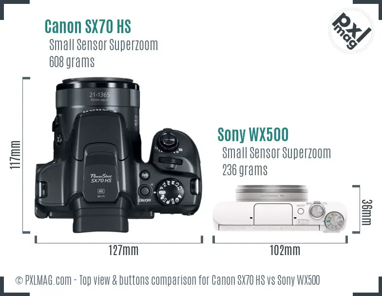 Canon SX70 HS vs Sony WX500 top view buttons comparison