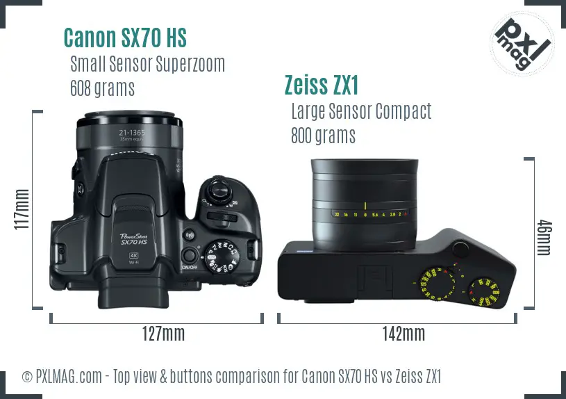 Canon SX70 HS vs Zeiss ZX1 top view buttons comparison