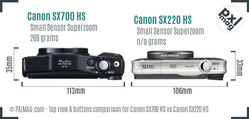 Canon SX700 HS vs Canon SX220 HS top view buttons comparison