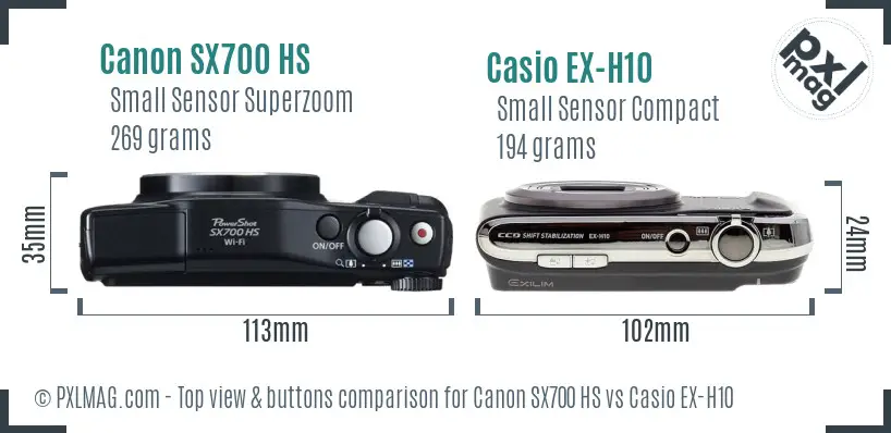 Canon SX700 HS vs Casio EX-H10 top view buttons comparison