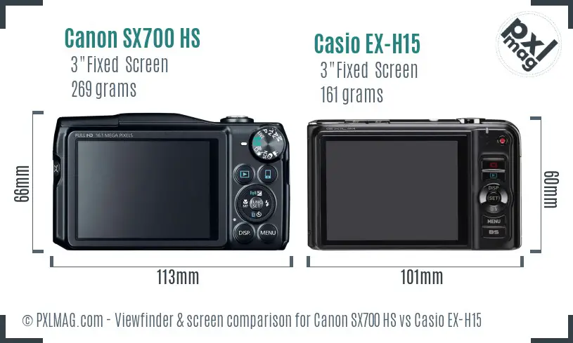 Canon SX700 HS vs Casio EX-H15 Screen and Viewfinder comparison