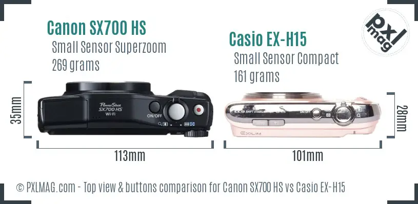 Canon SX700 HS vs Casio EX-H15 top view buttons comparison