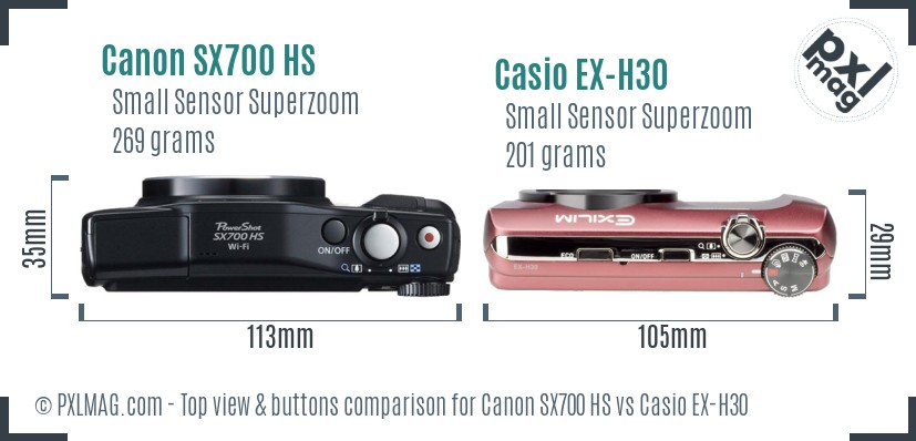 Canon SX700 HS vs Casio EX-H30 top view buttons comparison