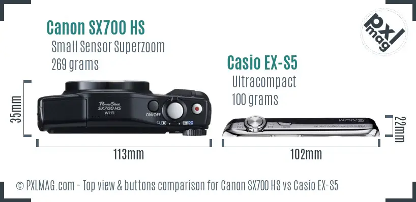 Canon SX700 HS vs Casio EX-S5 top view buttons comparison