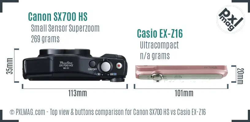 Canon SX700 HS vs Casio EX-Z16 top view buttons comparison