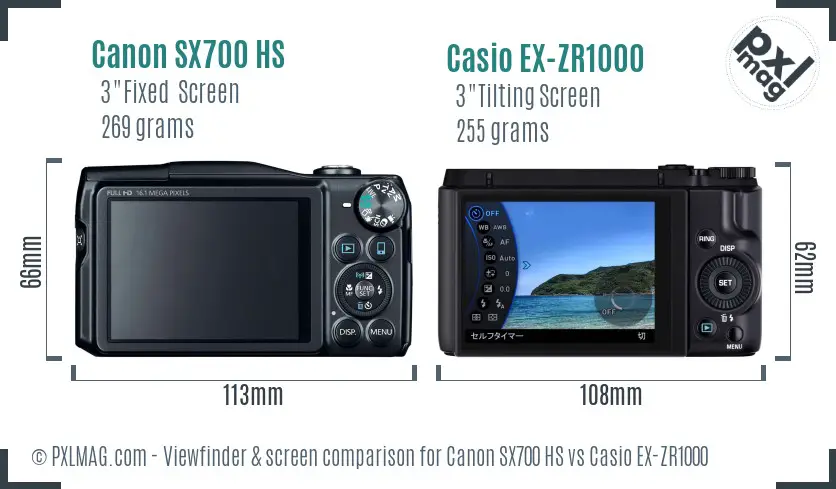 Canon SX700 HS vs Casio EX-ZR1000 Screen and Viewfinder comparison