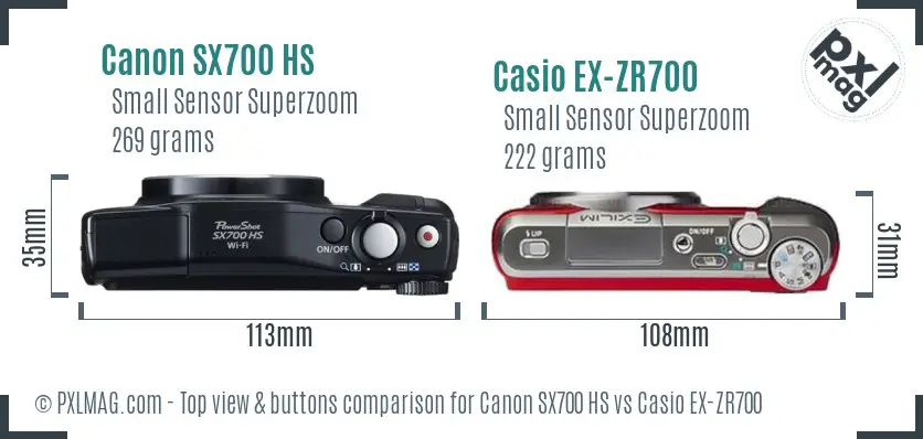 Canon SX700 HS vs Casio EX-ZR700 top view buttons comparison Canon SX700 HS vs Casio EX-ZR700 top view buttons comparison
