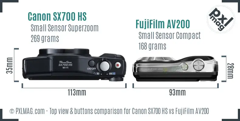 Canon SX700 HS vs FujiFilm AV200 top view buttons comparison