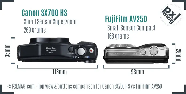 Canon SX700 HS vs FujiFilm AV250 top view buttons comparison