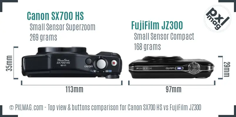 Canon SX700 HS vs FujiFilm JZ300 top view buttons comparison Canon SX700 HS vs FujiFilm JZ300 top view buttons comparison