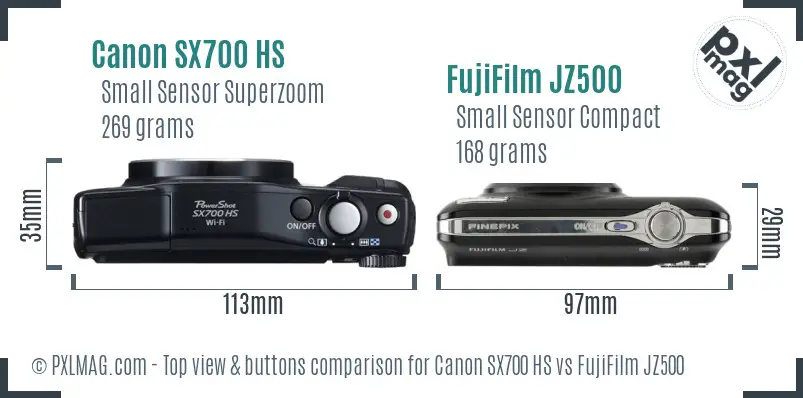 Canon SX700 HS vs FujiFilm JZ500 top view buttons comparison Canon SX700 HS vs FujiFilm JZ500 top view buttons comparison