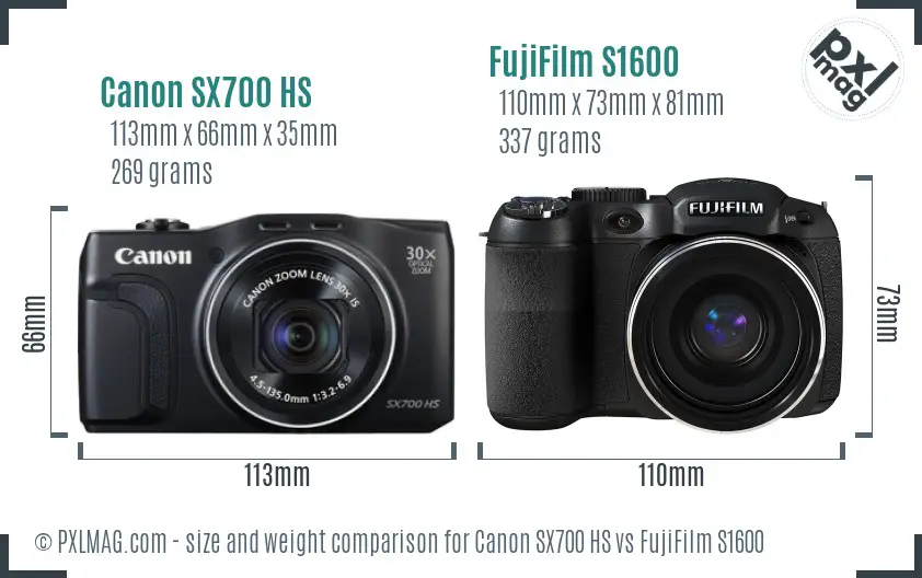 Canon SX700 HS vs FujiFilm S1600 size comparison