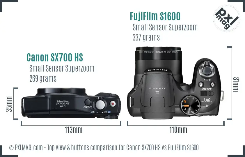 Canon SX700 HS vs FujiFilm S1600 top view buttons comparison