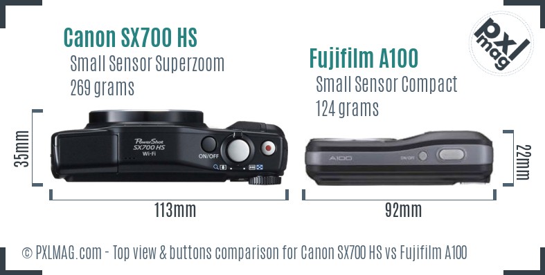 Canon SX700 HS vs Fujifilm A100 top view buttons comparison