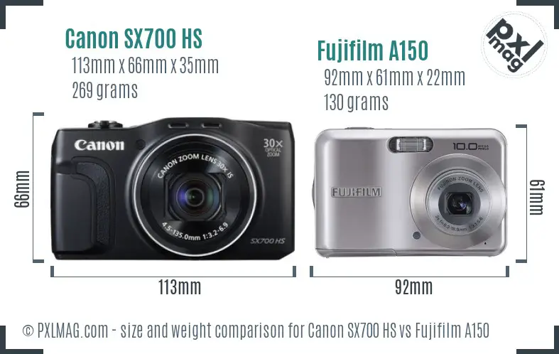 Canon SX700 HS vs Fujifilm A150 size comparison