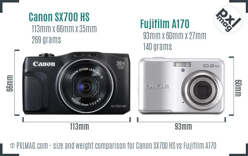 Canon SX700 HS vs Fujifilm A170 size comparison
